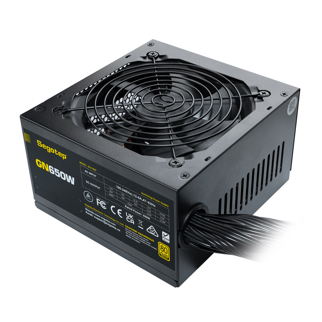 Segotep 650W 80 Plus Gold Certified Non-Modular ATX Power Supply with 6+2 Pin Connectors PFC Protection and RoHS Compliance, 120mm Silent Fan Gaming PSU GN-650 Black (5 years warranty)