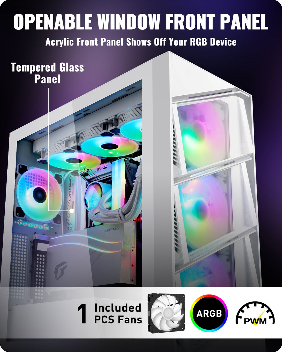 Segotep T3 White Mid-Tower ATX Gaming PC Case w/ ARGB & PWM Fan, Support  Top & Side 360mm Radiators, Snap-On Opening & Closing Front Panel, Type-C  I/O Port, Tool-Free Disassemble 