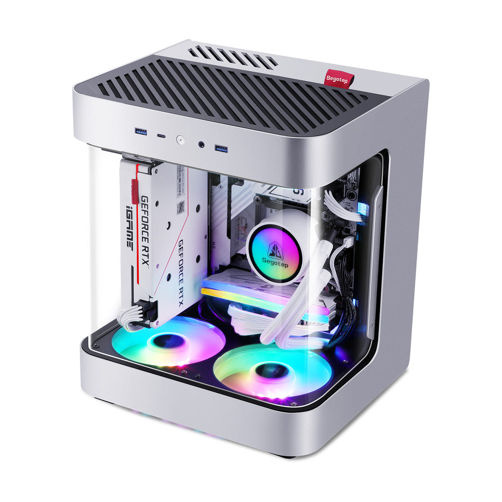 Segotep Slath Mini ITX PC Gaming Computer Case, Three-Side Double Curved Tempered Glass Side Panels, GPU Vertical Mounting, Cable Management System, SFX PSU Supported